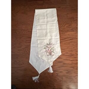 Vintage Ribbon-Embroidered Table Runner w/ Tassels 80" Pastel On White Good Cond